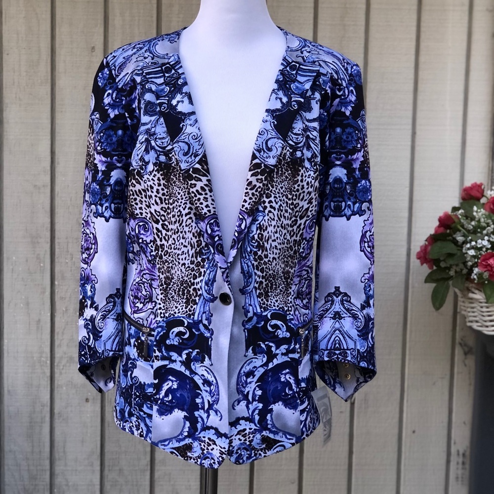 Alberto Makali Artsy Leopard Wave Graphic Print Blue Black Blazer Jacket size L
